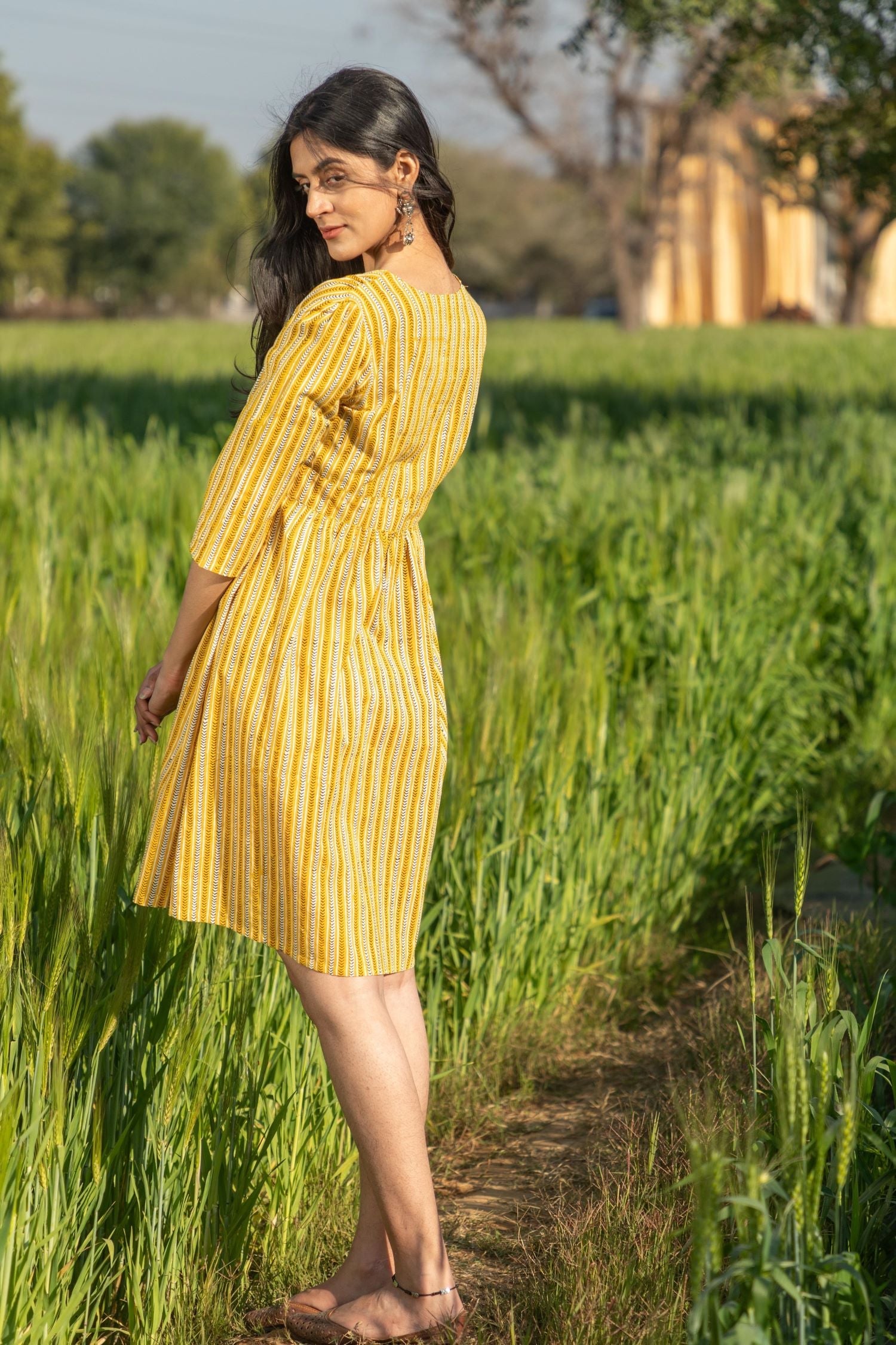 Sootisyahi 'Sunny Stripes' Azofree Handblock Printed Pure Cotton Dress - SootiSyahi