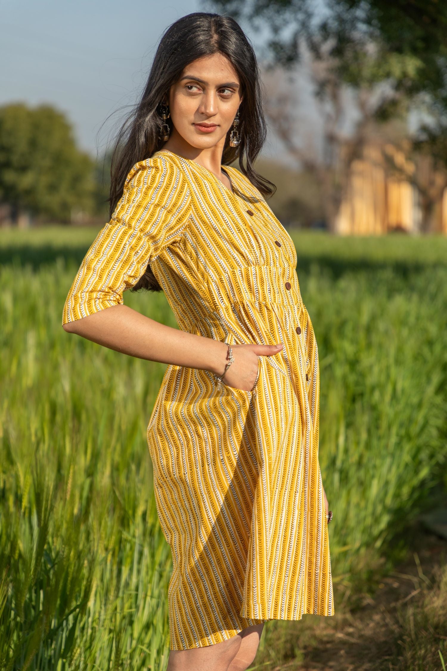 Sootisyahi 'Sunny Stripes' Azofree Handblock Printed Pure Cotton Dress - SootiSyahi