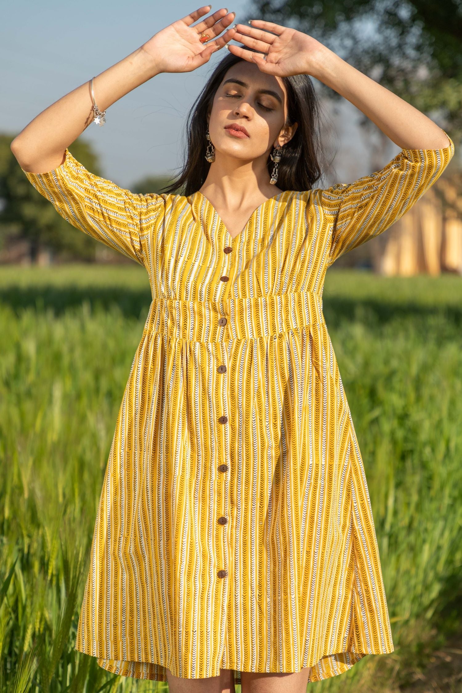 Sootisyahi 'Sunny Stripes' Azofree Handblock Printed Pure Cotton Dress - SootiSyahi