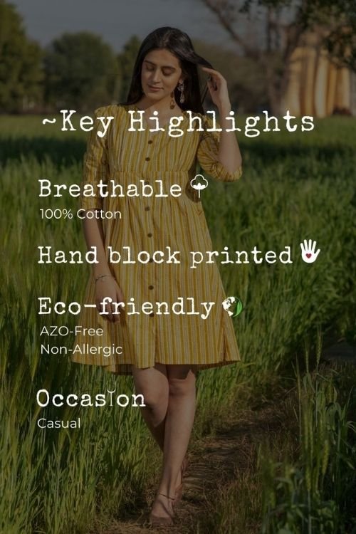 Sootisyahi 'Sunny Stripes' Azofree Handblock Printed Pure Cotton Dress - SootiSyahi