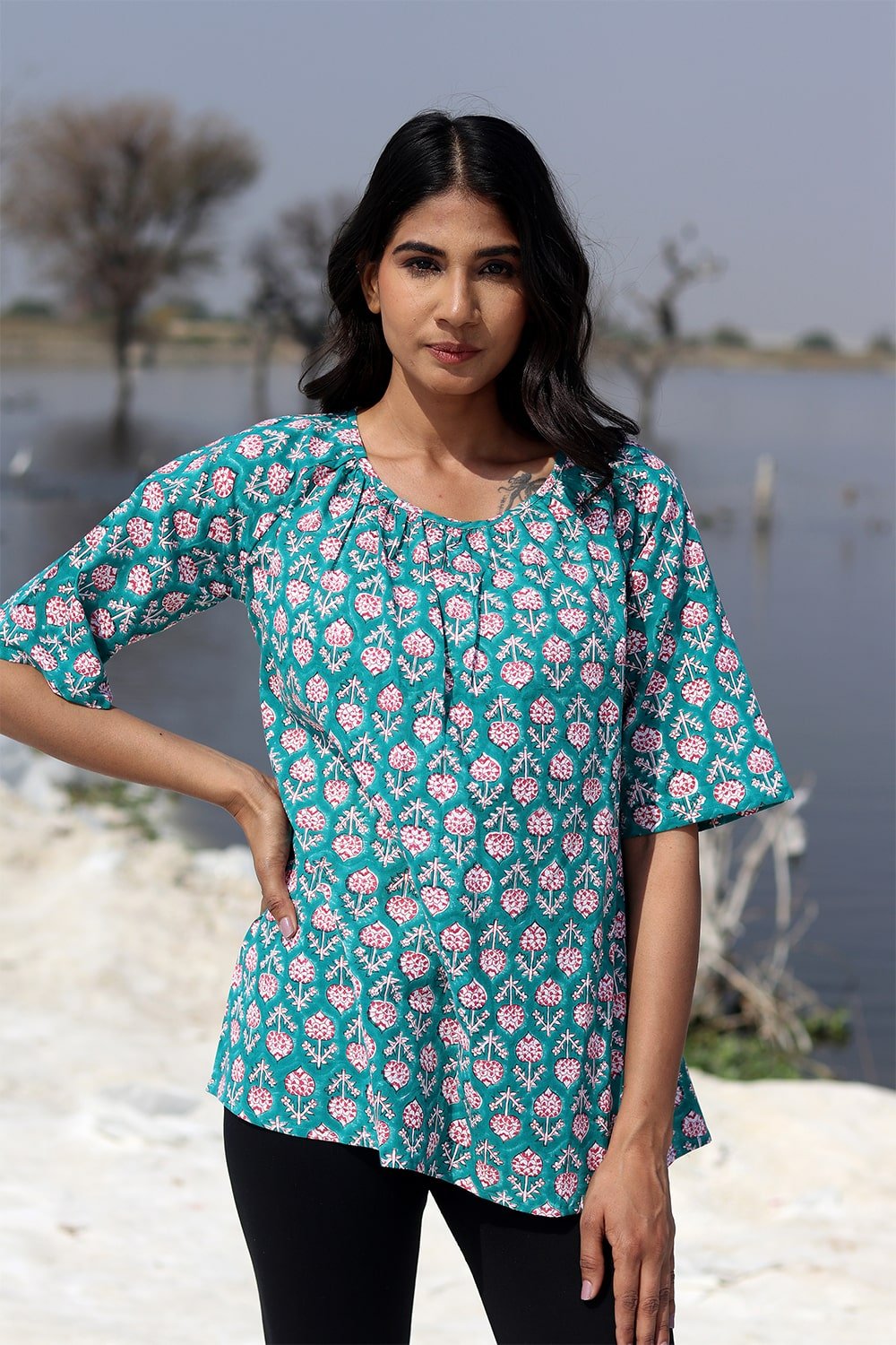 SootiSyahi 'Teel Feather' Block Printed Cotton Top - SootiSyahi