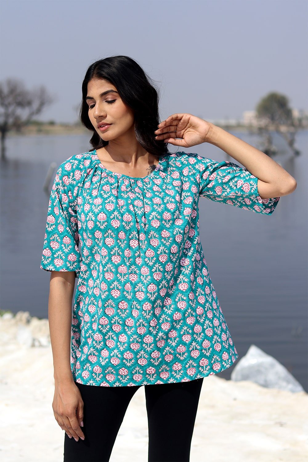 SootiSyahi 'Teel Feather' Block Printed Cotton Top - SootiSyahi