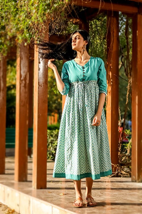 Sootisyahi 'Tropical Oasis' Azofree Handblock Printed Pure Cotton Dress - SootiSyahi