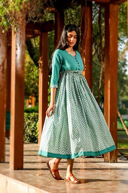 Sootisyahi 'Tropical Oasis' Azofree Handblock Printed Pure Cotton Dress - SootiSyahi