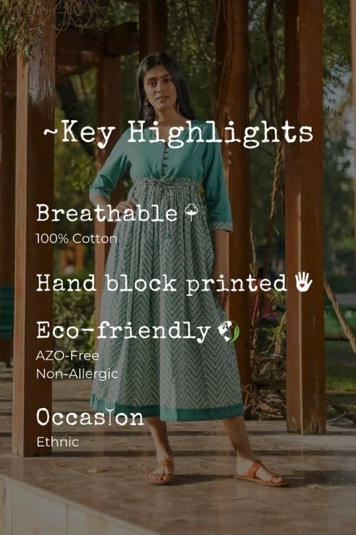 Sootisyahi 'Tropical Oasis' Azofree Handblock Printed Pure Cotton Dress - SootiSyahi