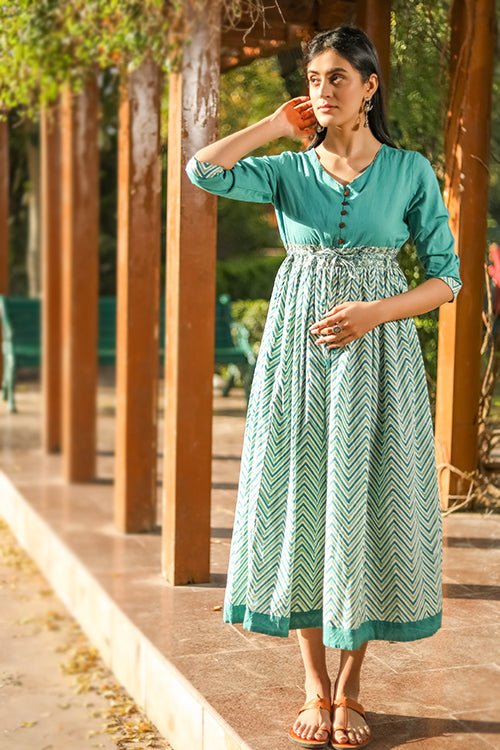 Sootisyahi 'Tropical Oasis' Azofree Handblock Printed Pure Cotton Dress - SootiSyahi
