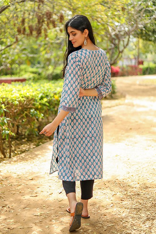 Sootisyahi 'Verdant Floret' Azofree Handblock Printed Pure Cotton Kurti - SootiSyahi