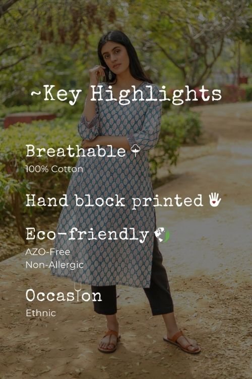 Sootisyahi 'Verdant Floret' Azofree Handblock Printed Pure Cotton Kurti - SootiSyahi