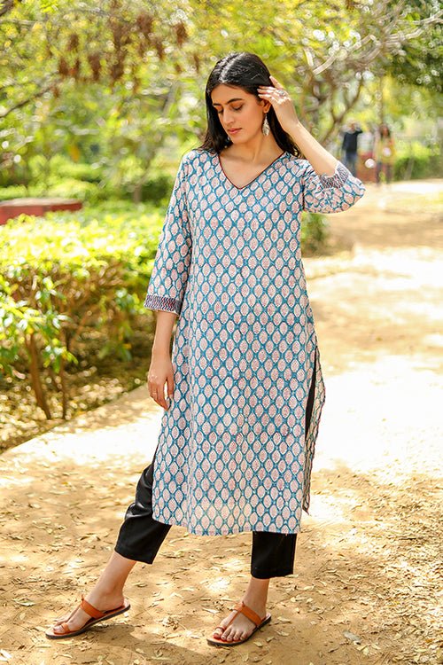 Sootisyahi 'Verdant Floret' Azofree Handblock Printed Pure Cotton Kurti - SootiSyahi