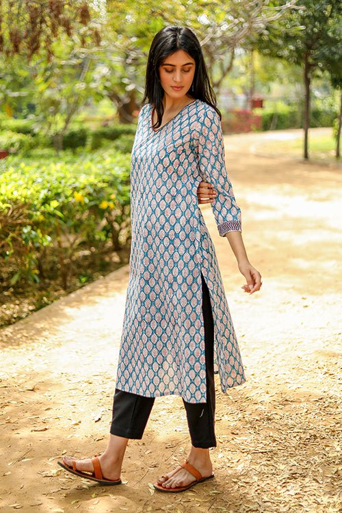 Sootisyahi 'Verdant Floret' Azofree Handblock Printed Pure Cotton Kurti - SootiSyahi