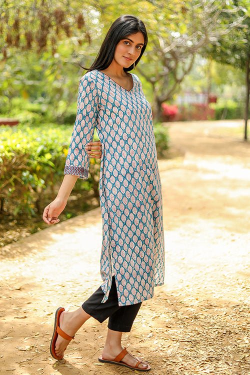 Sootisyahi 'Verdant Floret' Azofree Handblock Printed Pure Cotton Kurti - SootiSyahi