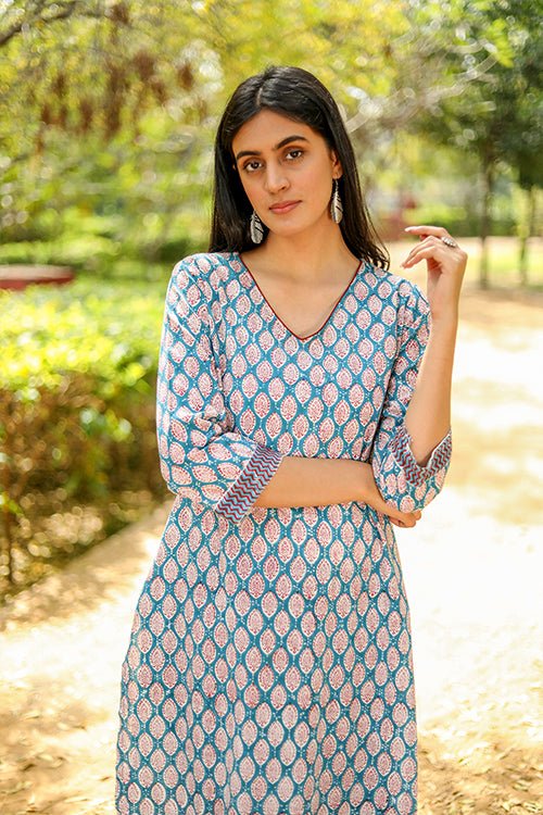 Sootisyahi 'Verdant Floret' Azofree Handblock Printed Pure Cotton Kurti - SootiSyahi