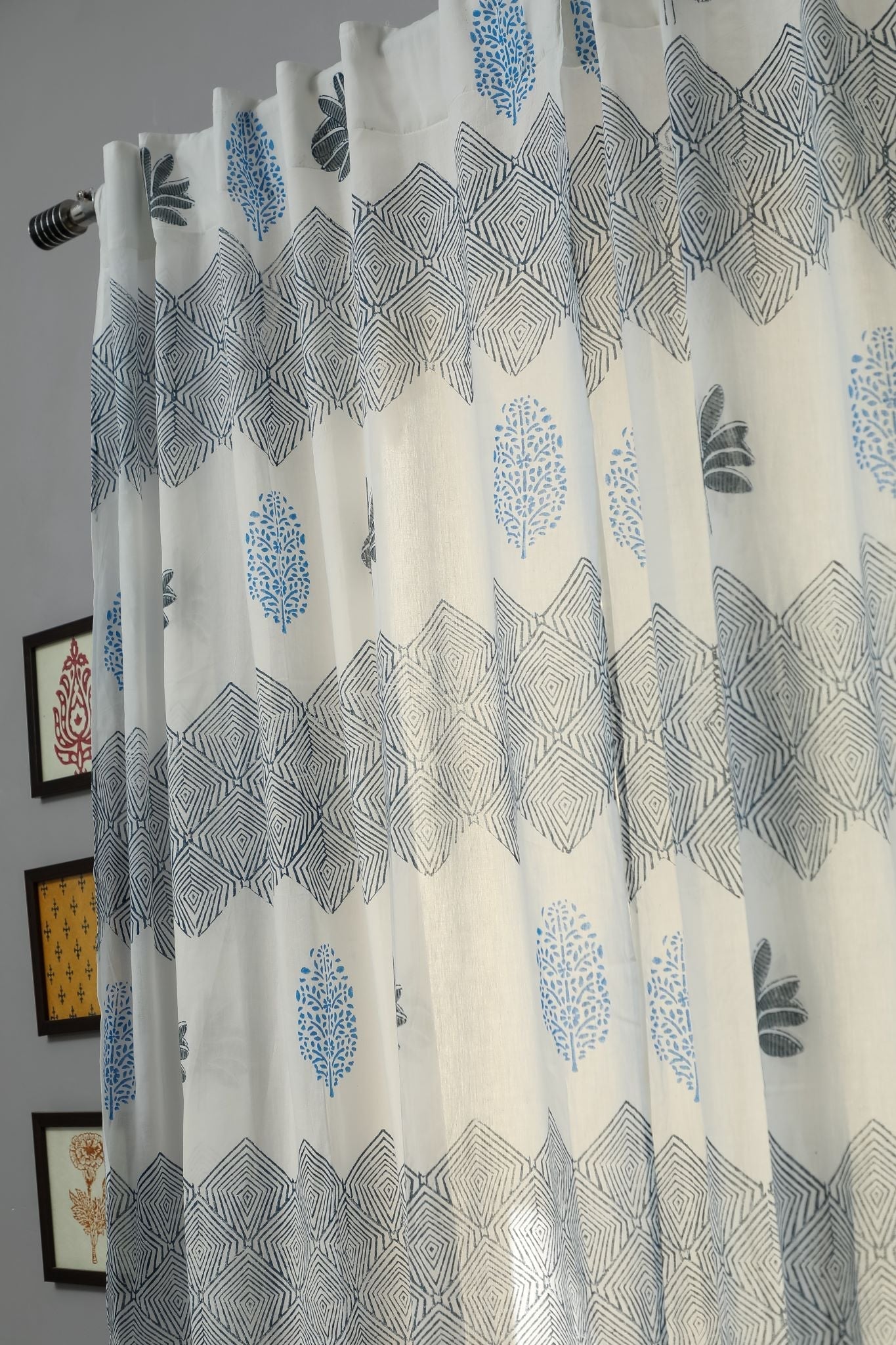 SootiSyahi 'Weddell Blue' Handblock Printed Cotton Door Curtain - SootiSyahi