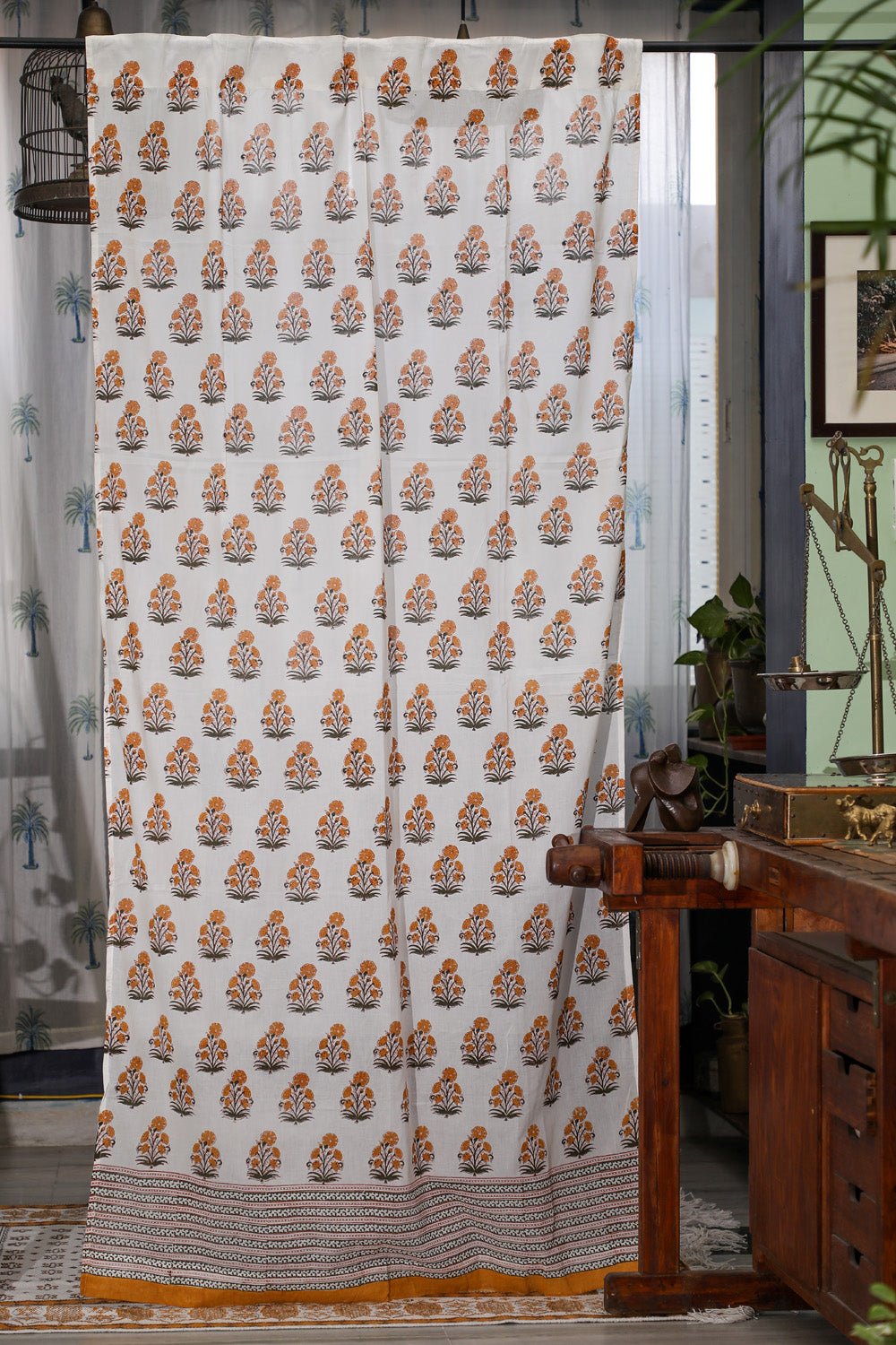 SootiSyahi 'Yellow Daisy' Handblock Printed Cotton Door Curatin - SootiSyahi