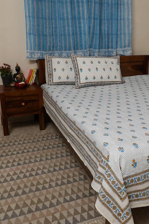 Sootisyahi 'Yellow Flowered' Handblock Printed Cotton Bedsheet - SootiSyahi