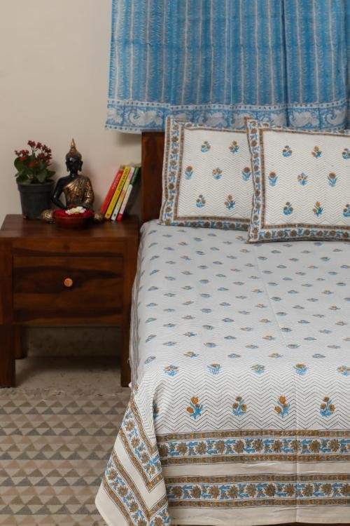Sootisyahi 'Yellow Flowered' Handblock Printed Cotton Bedsheet - SootiSyahi