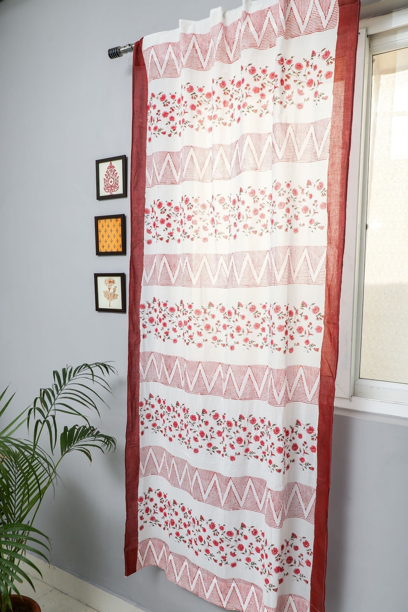 SootiSyahi 'Zig Zag Ruby' Handblock Printed Cotton Door Curtain - SootiSyahi