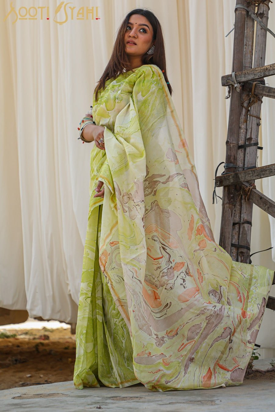 "SPECTRUM" HAND MARBLE PRINT CHANDERI SILK SAREE - SootiSyahi