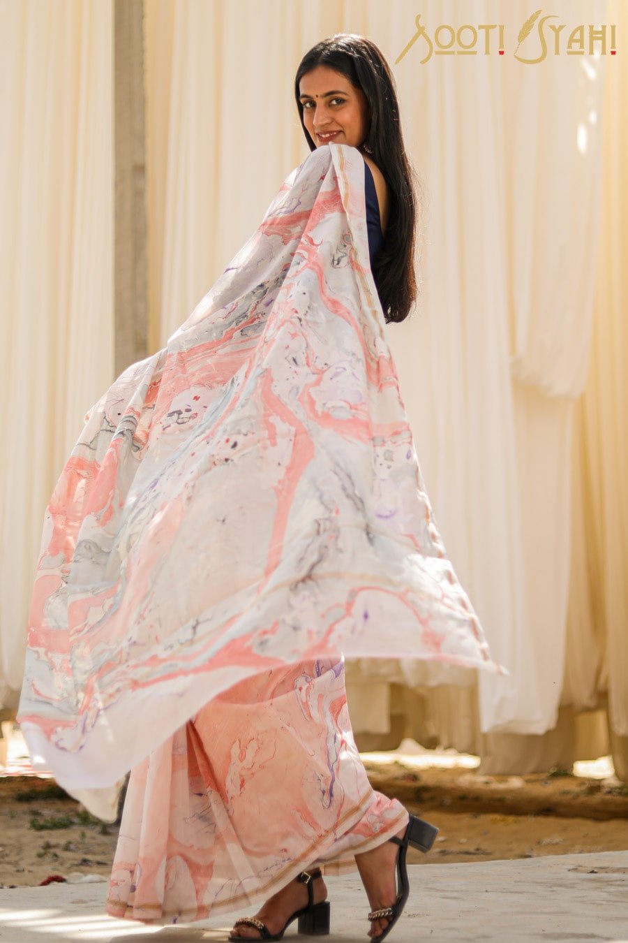 "SUBTLE" HAND MARBLE PRINT CHANDERI SILK SAREE - SootiSyahi