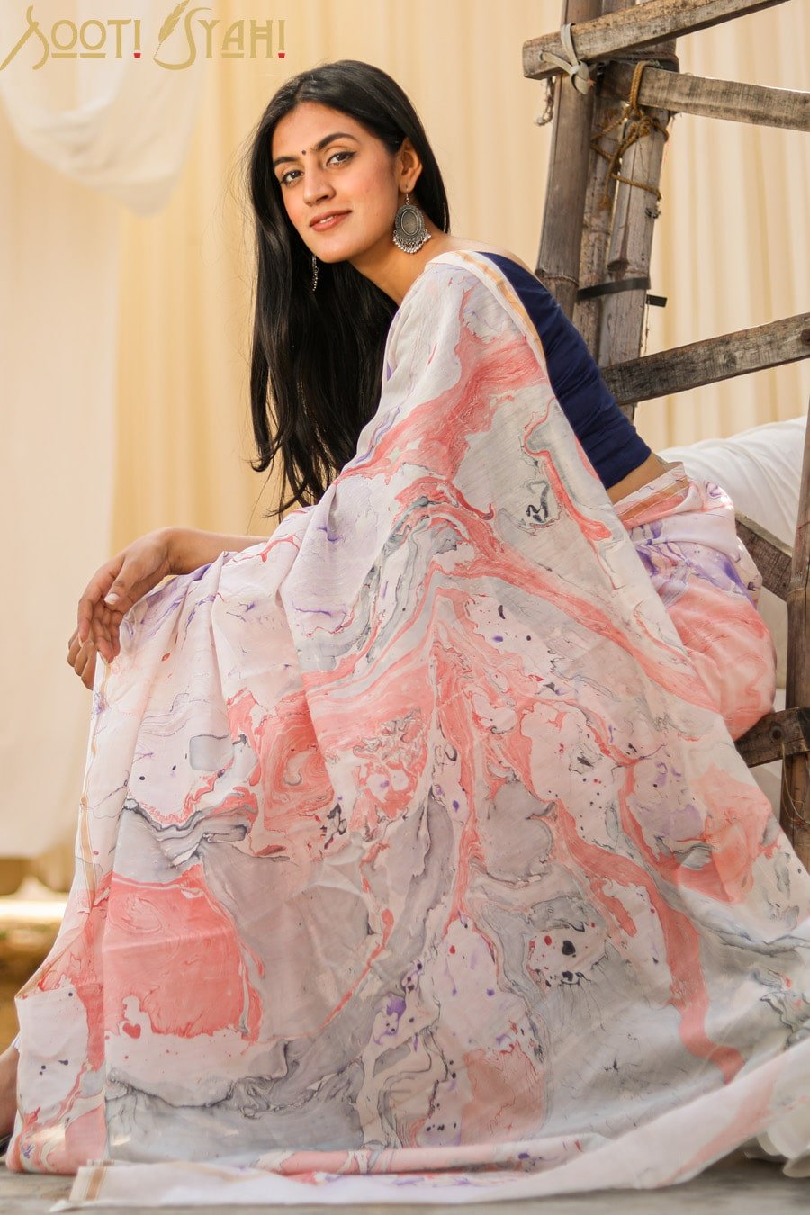 "SUBTLE" HAND MARBLE PRINT CHANDERI SILK SAREE - SootiSyahi