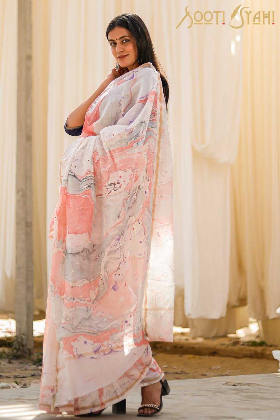 "SUBTLE" HAND MARBLE PRINT CHANDERI SILK SAREE - SootiSyahi