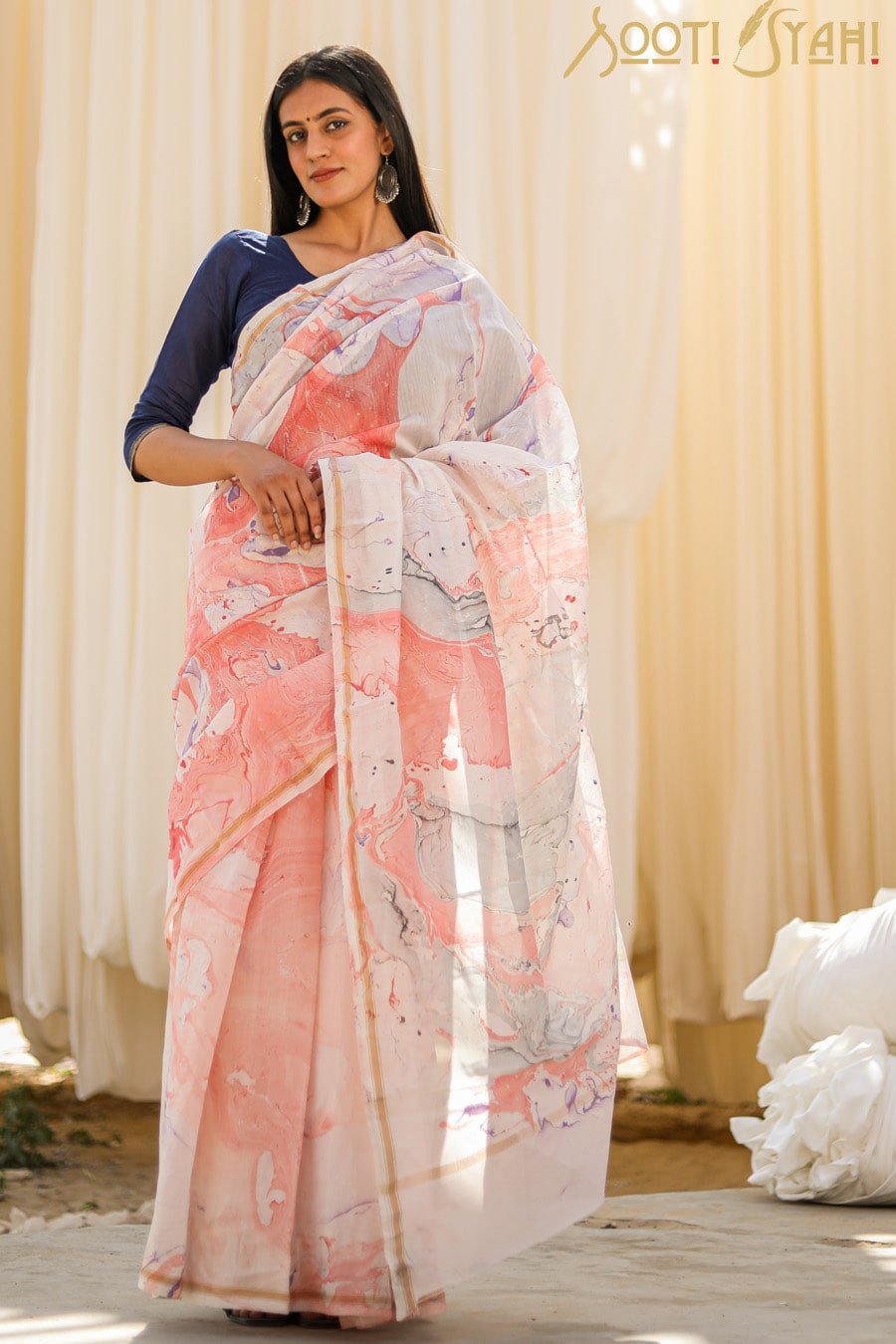 "SUBTLE" HAND MARBLE PRINT CHANDERI SILK SAREE - SootiSyahi