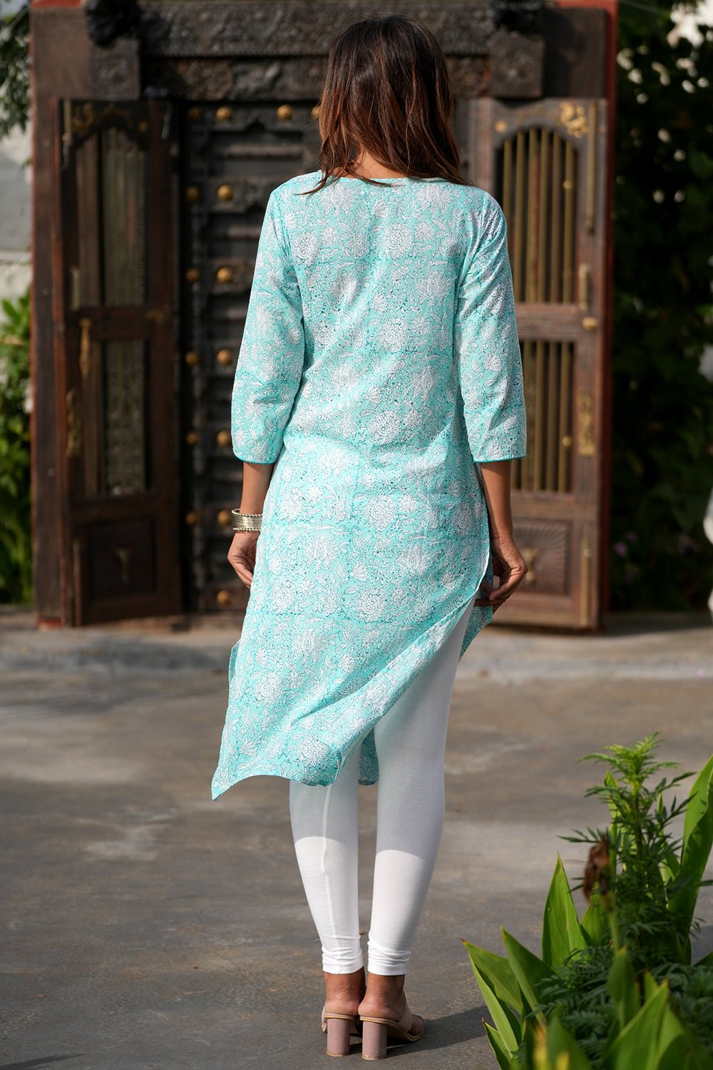 Teal Infusion Handblock Printed Cotton Kurti - SootiSyahi