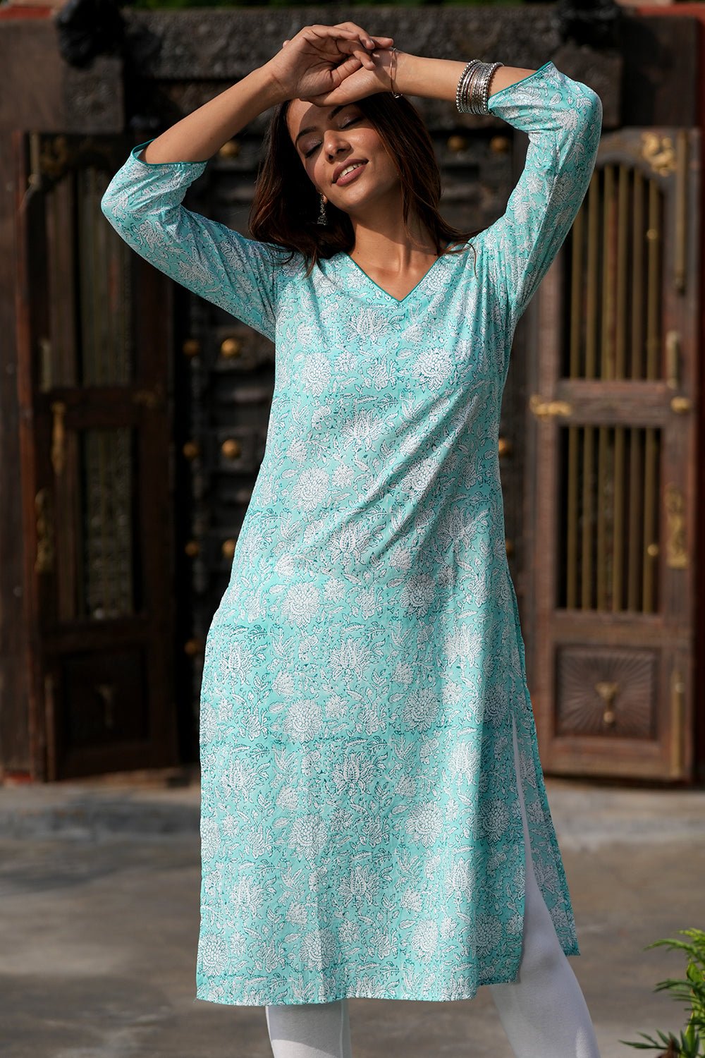 Teal Infusion Handblock Printed Cotton Kurti - SootiSyahi