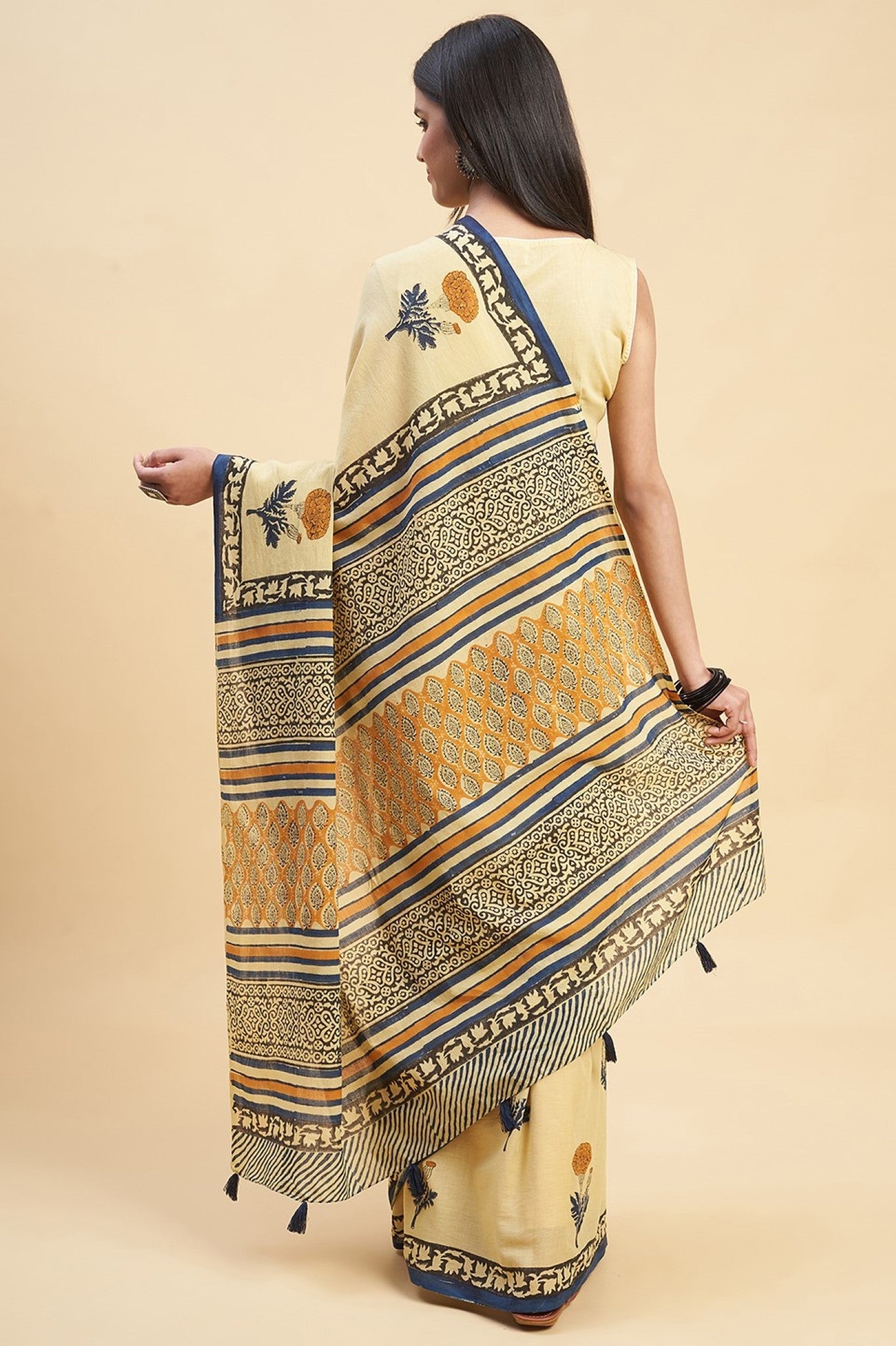 "Toffee Rose" HANDBLOCK PRINT MUL COTTON SAREE - SootiSyahi