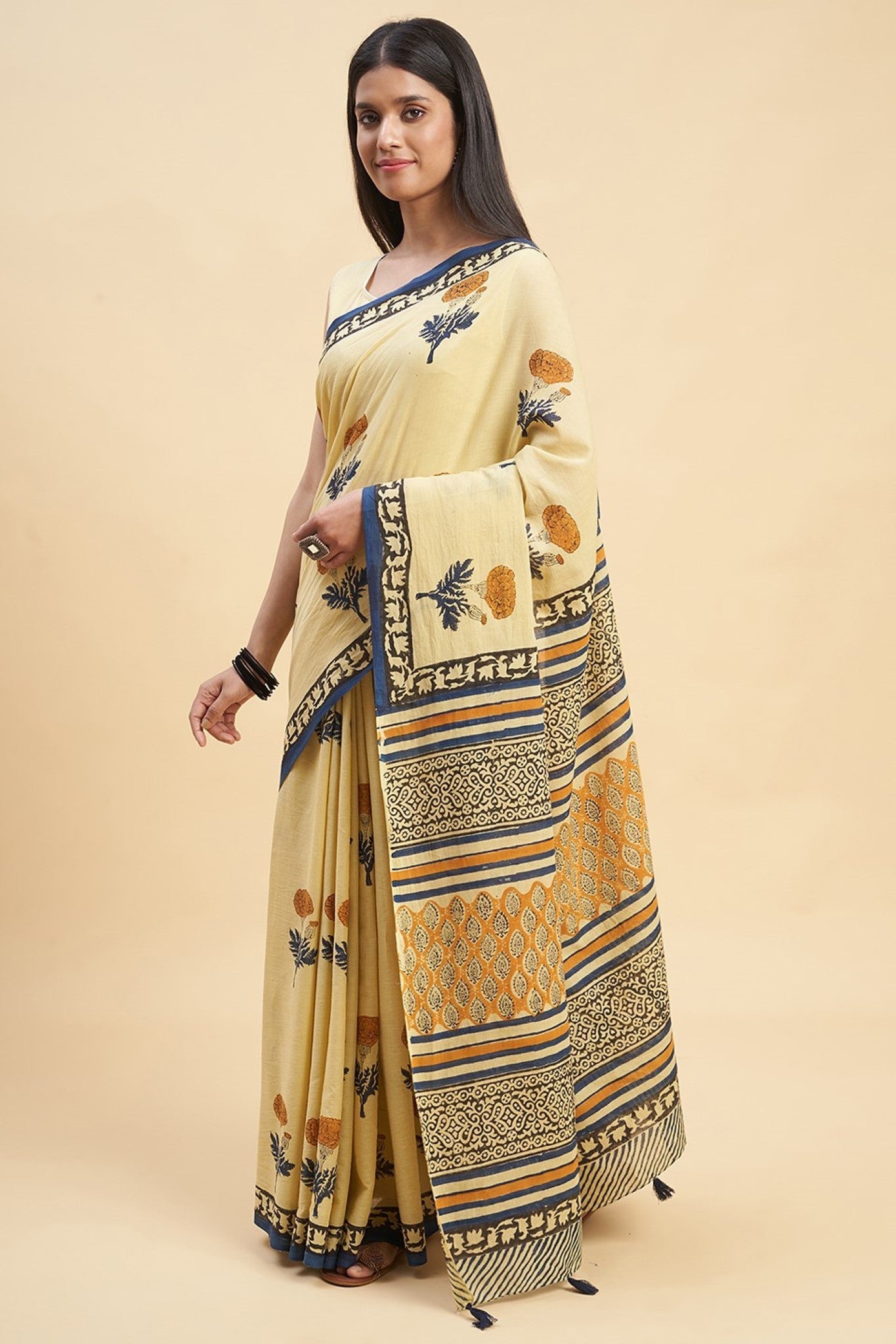 "Toffee Rose" HANDBLOCK PRINT MUL COTTON SAREE - SootiSyahi