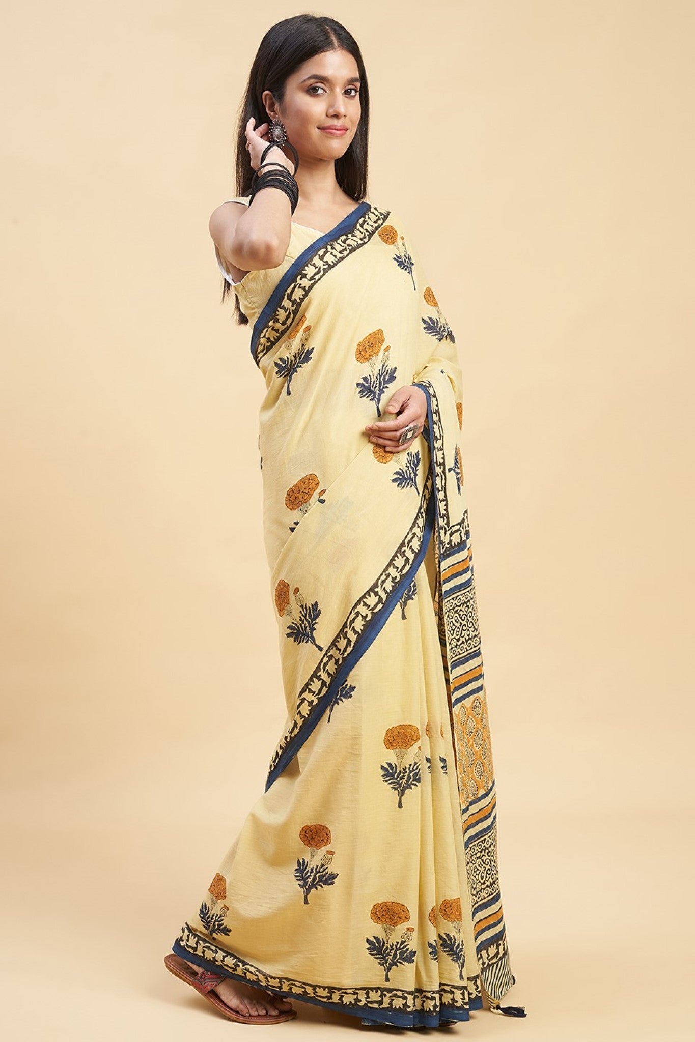 "Toffee Rose" HANDBLOCK PRINT MUL COTTON SAREE - SootiSyahi