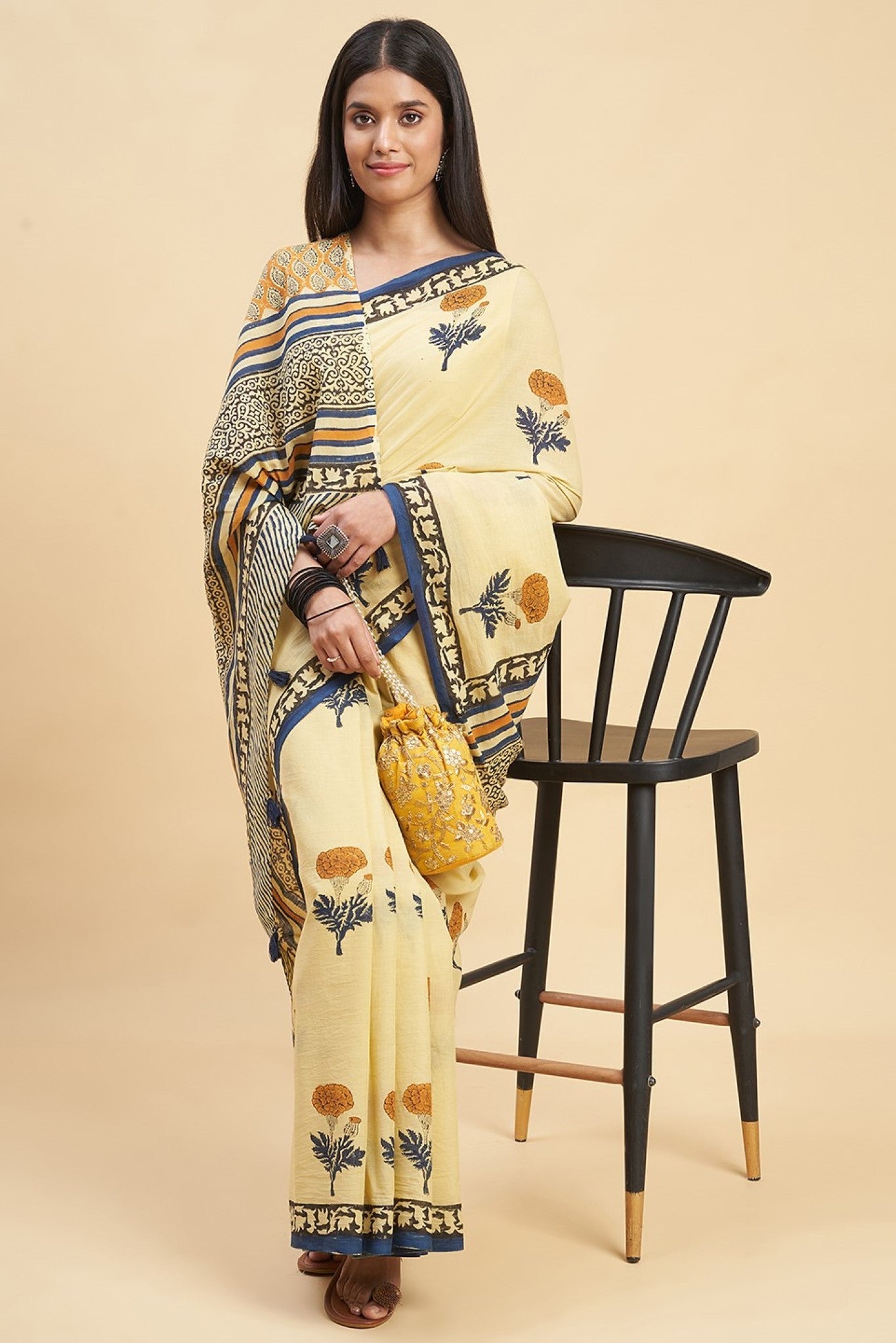 "Toffee Rose" HANDBLOCK PRINT MUL COTTON SAREE - SootiSyahi