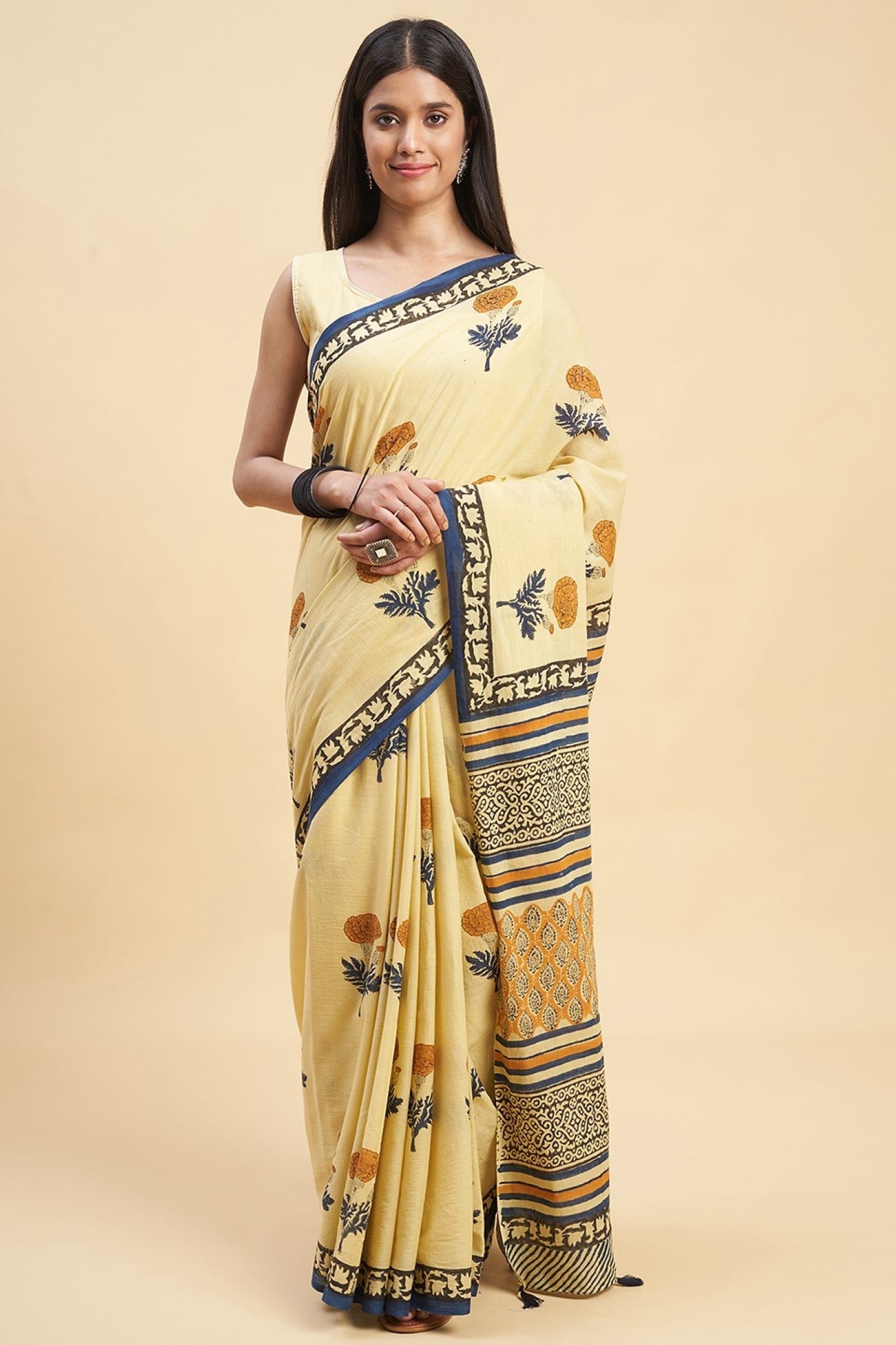 "Toffee Rose" HANDBLOCK PRINT MUL COTTON SAREE - SootiSyahi