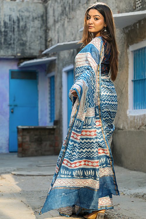 "TORRENT" INDIGO HANDBLOCK PRINT CHANDERI SILK - SootiSyahi