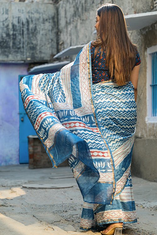 "TORRENT" INDIGO HANDBLOCK PRINT CHANDERI SILK - SootiSyahi