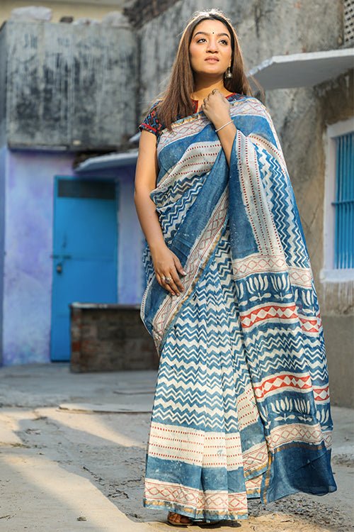 "TORRENT" INDIGO HANDBLOCK PRINT CHANDERI SILK - SootiSyahi
