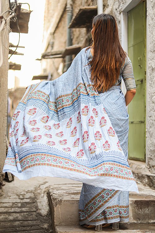 "TRANCE" HANDBLOCK PRINT MUL COTTON SRAEE - SootiSyahi