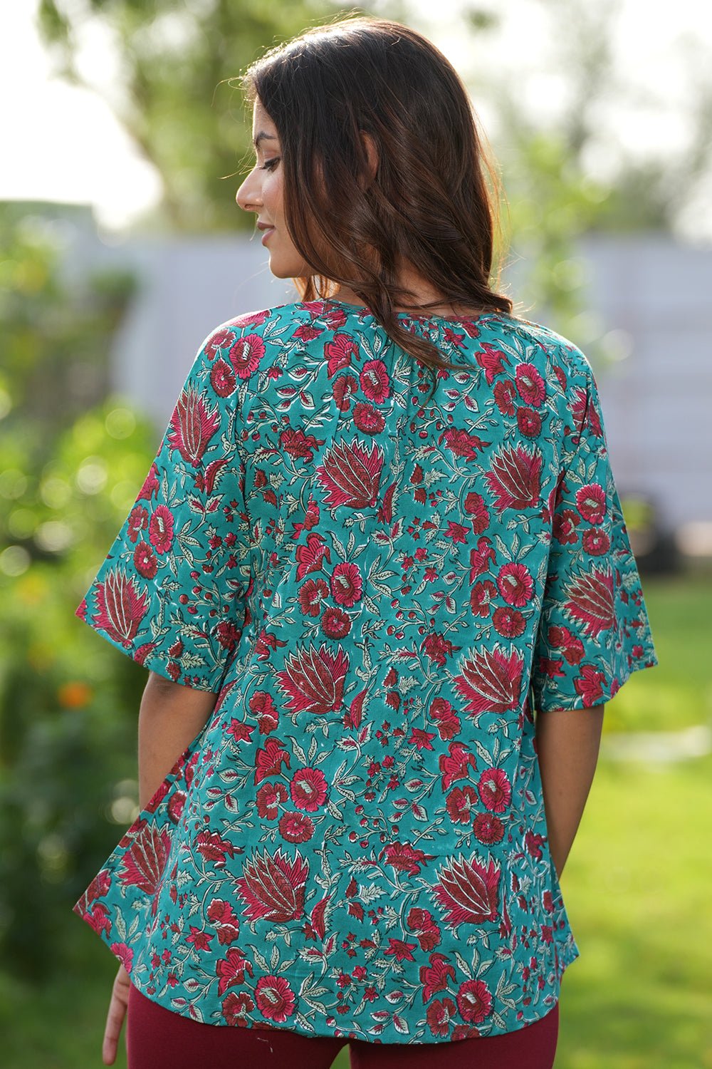 Turquoise WineHandblock Printed Cotton Top - SootiSyahi