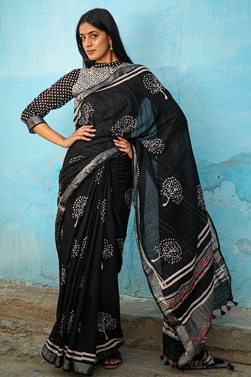 "Twilight" CHUNA PATRI HANDBLOCK PRINTED SLUB COTTON SAREE - SootiSyahi