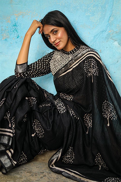 "Twilight" CHUNA PATRI HANDBLOCK PRINTED SLUB COTTON SAREE - SootiSyahi