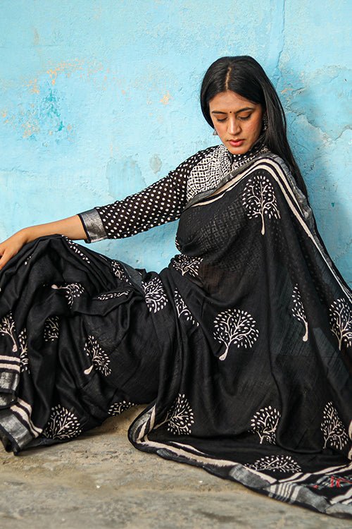"Twilight" CHUNA PATRI HANDBLOCK PRINTED SLUB COTTON SAREE - SootiSyahi