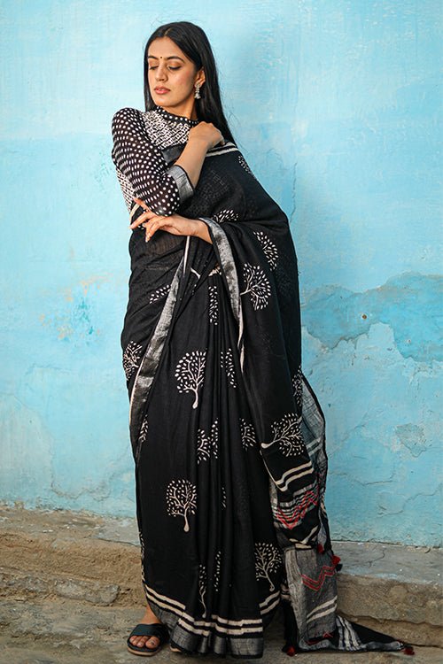 "Twilight" CHUNA PATRI HANDBLOCK PRINTED SLUB COTTON SAREE - SootiSyahi