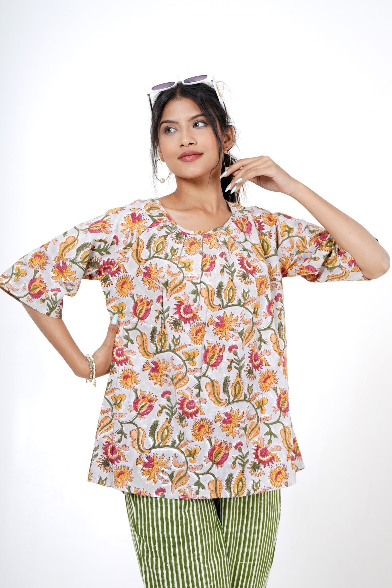 Twilight Tulips Hand Block Printed Top - SootiSyahi