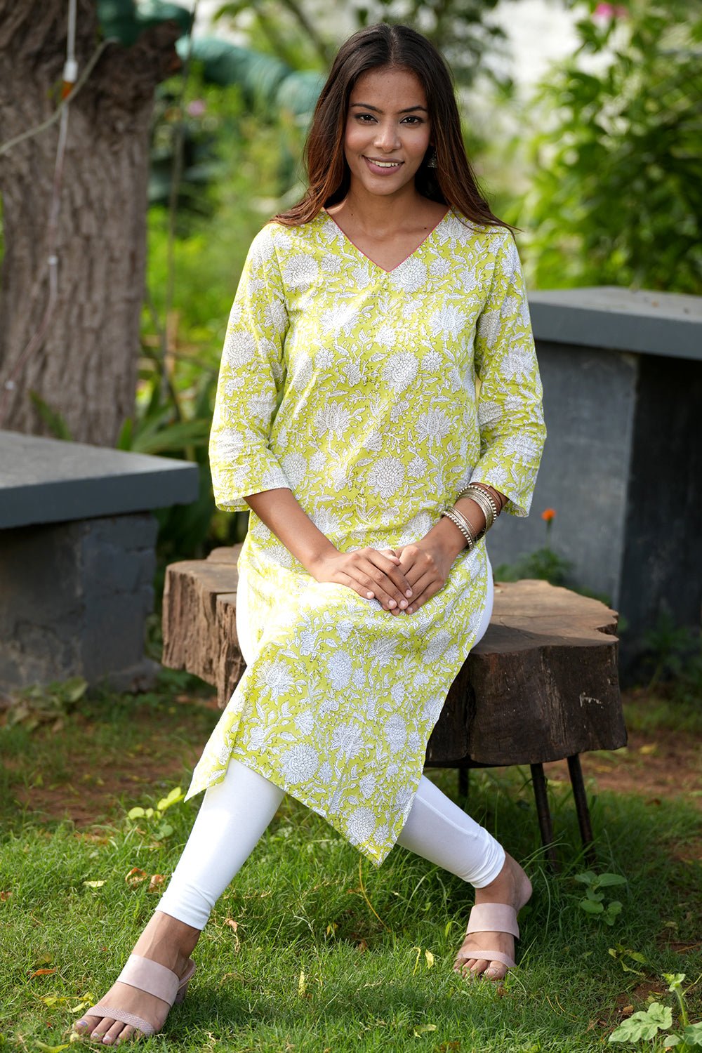 Verdant Valley Handblock Printed Cotton Kurti - SootiSyahi
