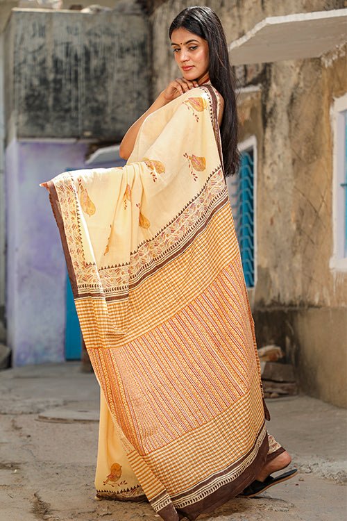"VIRTUOUS" HANDBLOCK PRINT MUL COTTON SAREE - SootiSyahi