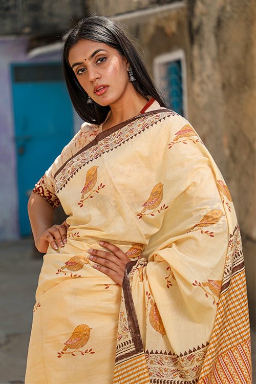 "VIRTUOUS" HANDBLOCK PRINT MUL COTTON SAREE - SootiSyahi