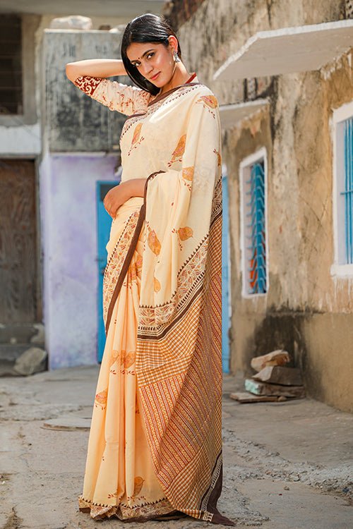 "VIRTUOUS" HANDBLOCK PRINT MUL COTTON SAREE - SootiSyahi