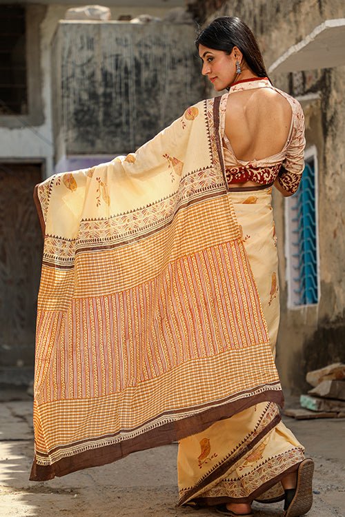 "VIRTUOUS" HANDBLOCK PRINT MUL COTTON SAREE - SootiSyahi