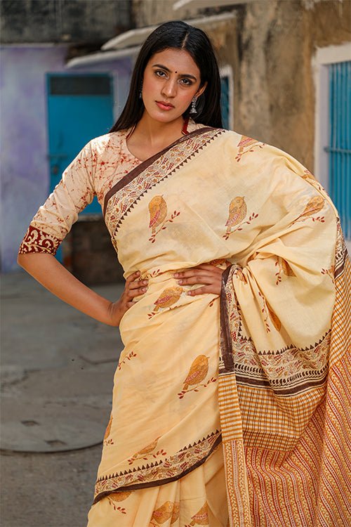 "VIRTUOUS" HANDBLOCK PRINT MUL COTTON SAREE - SootiSyahi