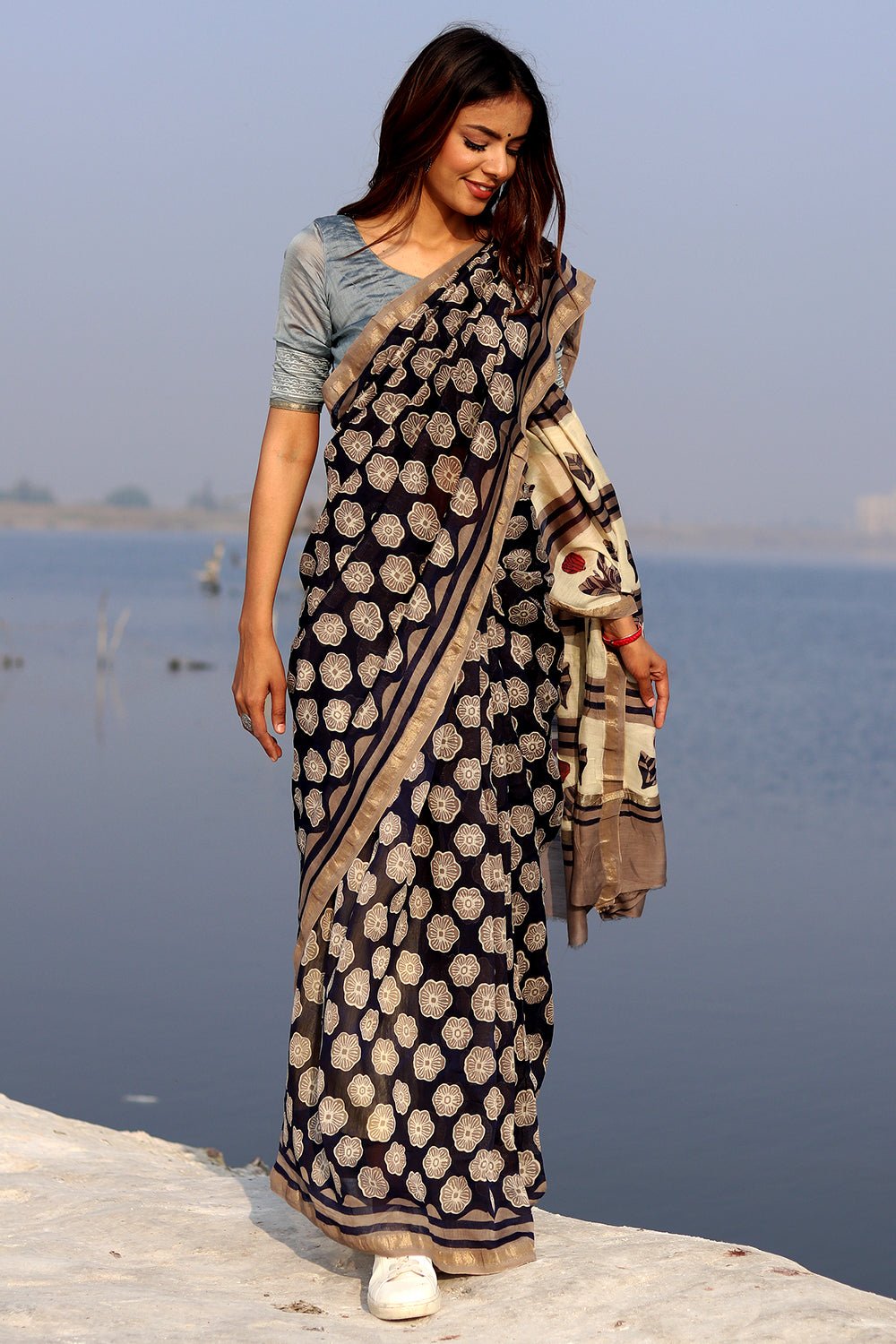 Whispered Black Handblock printed Chanderi Saree - SootiSyahi